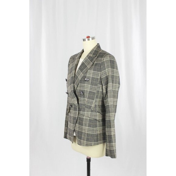 BANANA REPUBLIC Cadet Grey Check Wool Flannel Double Breasted Blazer, Size 6 - Picture 8 of 16